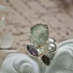 Sidabrinis akvamarino, perlų, ametisto ir dūminio kvarco žiedas, dydis 17