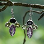 Sidabriniai peridoto, ametisto ir juodo chalcedono auskarai