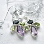 Sidabriniai peridoto, ametisto ir juodo chalcedono auskarai