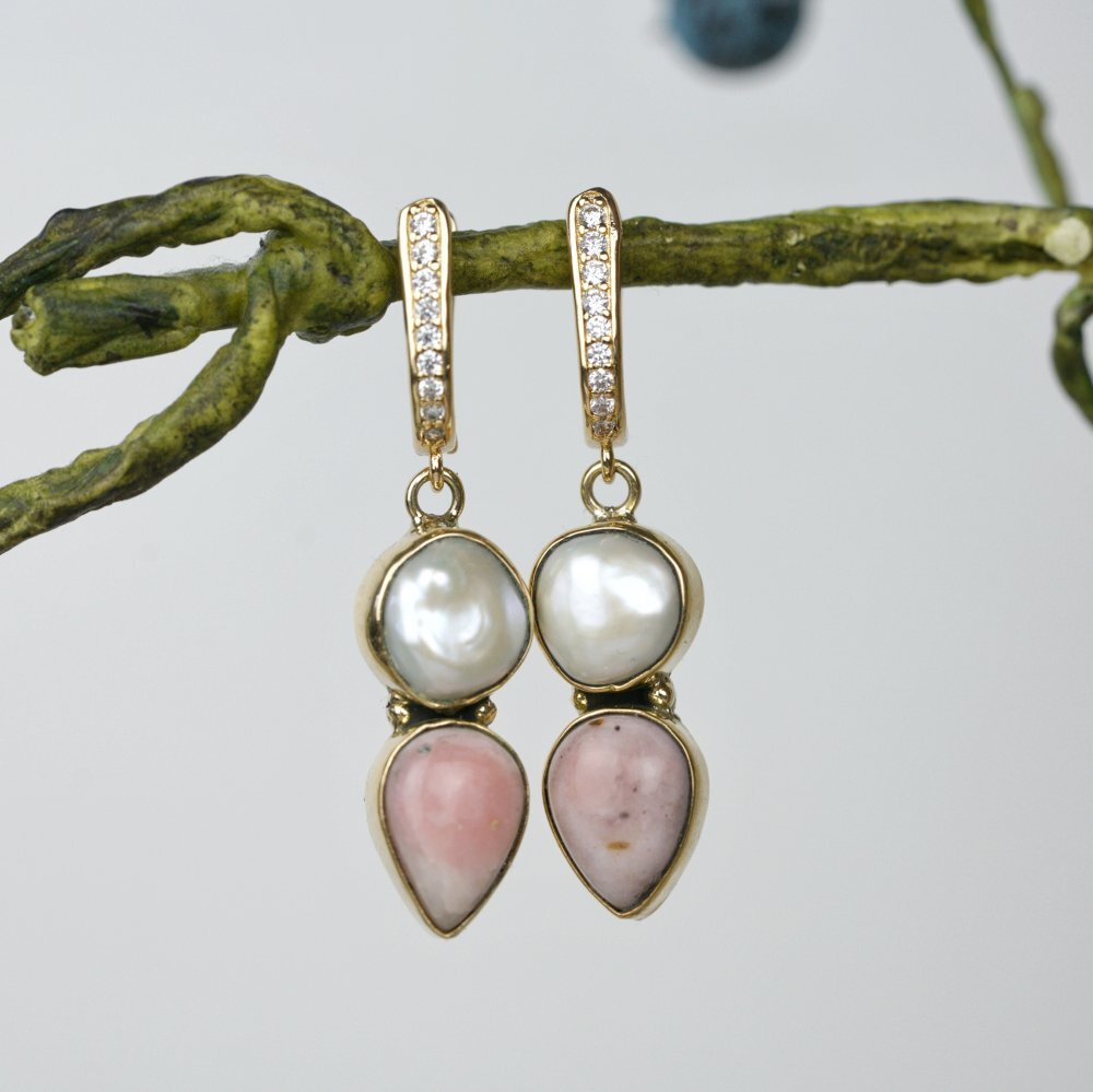 Perlai ir rožinis Andų opalas, auskarai