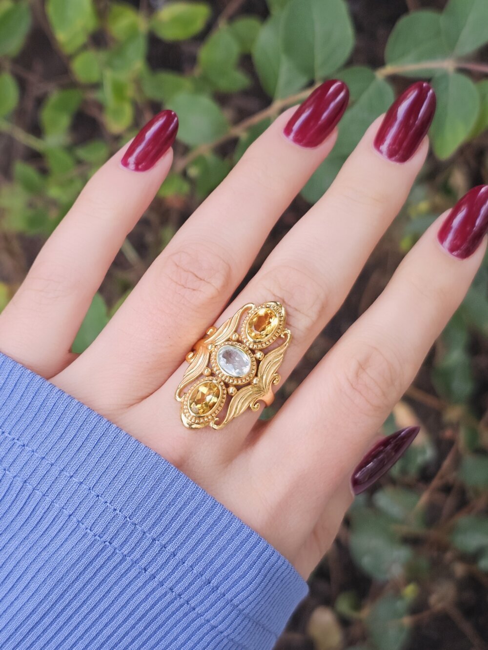 Sidabrinis paauksuotas topazo ir citrino žiedas, 18.5 dydis