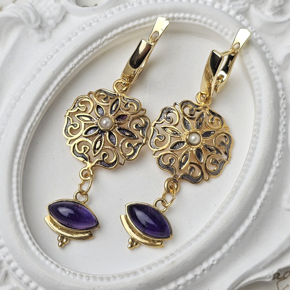 Perlo ir ametisto auskarai