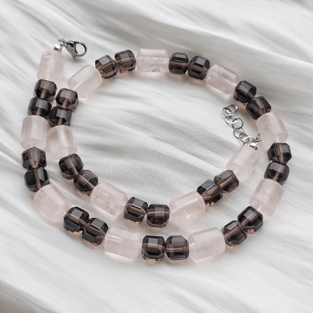 Dūminio kvarco ir rožinio kvarco karoliai