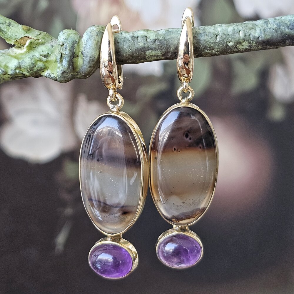 Vienetiniai agato ir ametisto auskarai