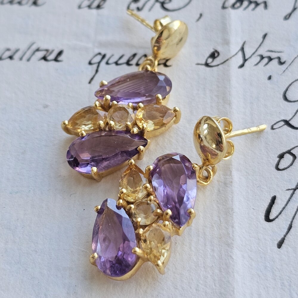 Paauksuoti sidabriniai ametisto ir citrino auskarai