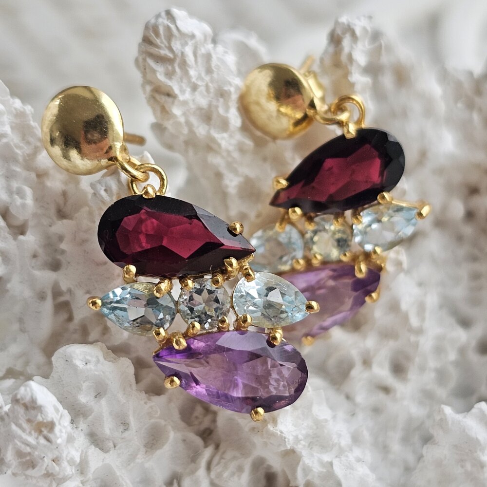 Paauksuoti sidabriniai granato, topazo ir ametisto auskarai