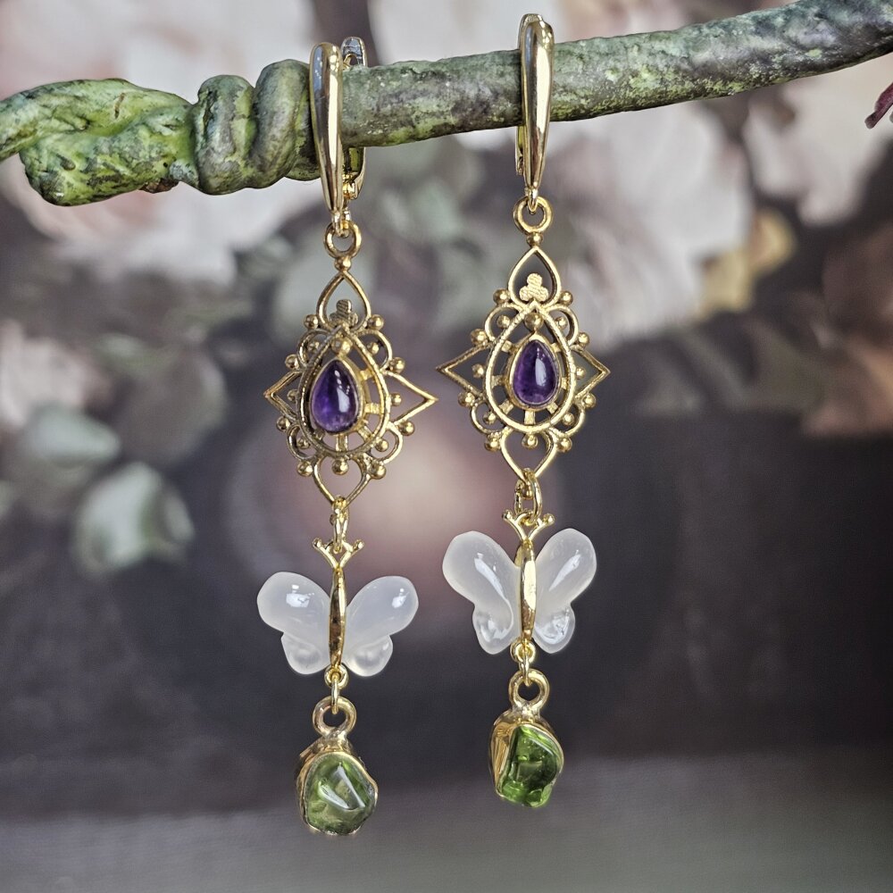 Vienetiniai ametisto, agato ir peridoto auskarai