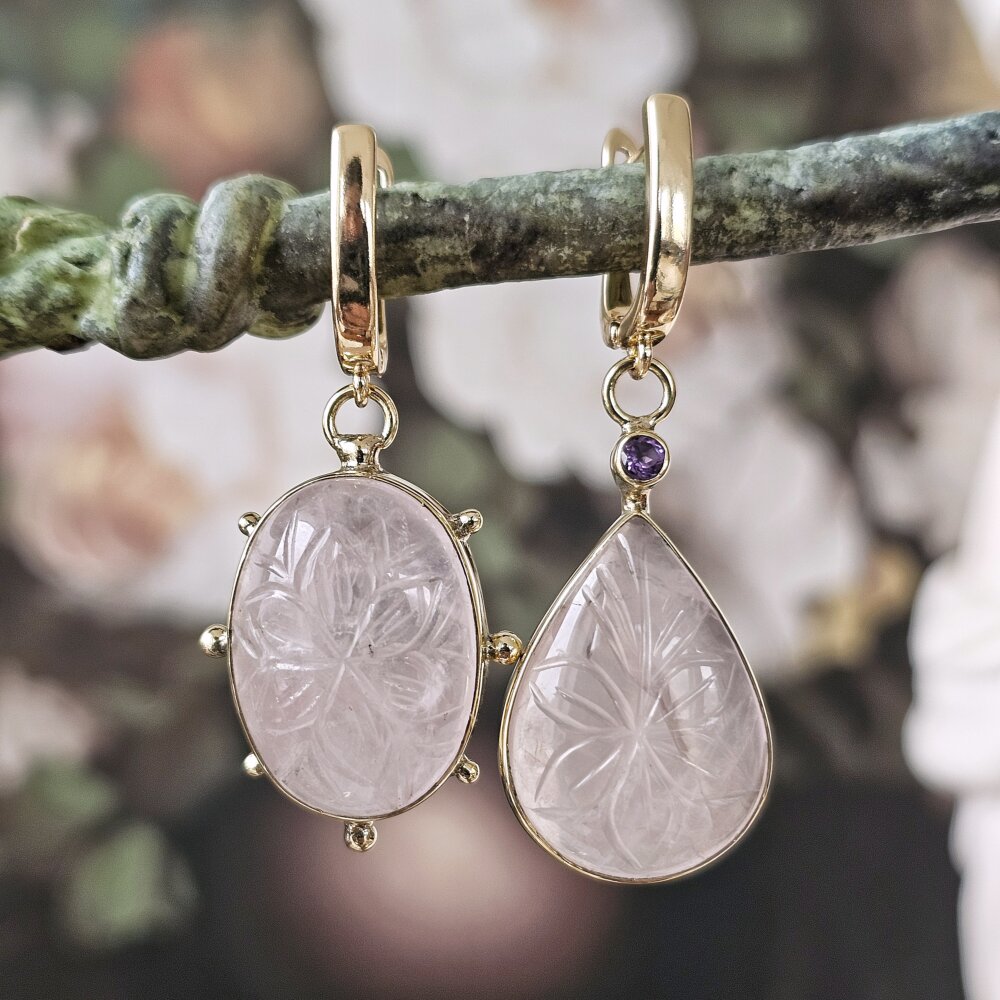 Vienetiniai rožinio kvarco ir ametisto auskarai